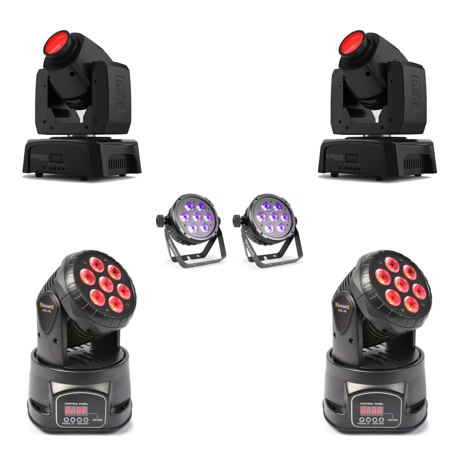 Two Beamz BT280 Flatpars, two Intimidator Spot 110 moving heads and two MHL-74 moving washes on white.