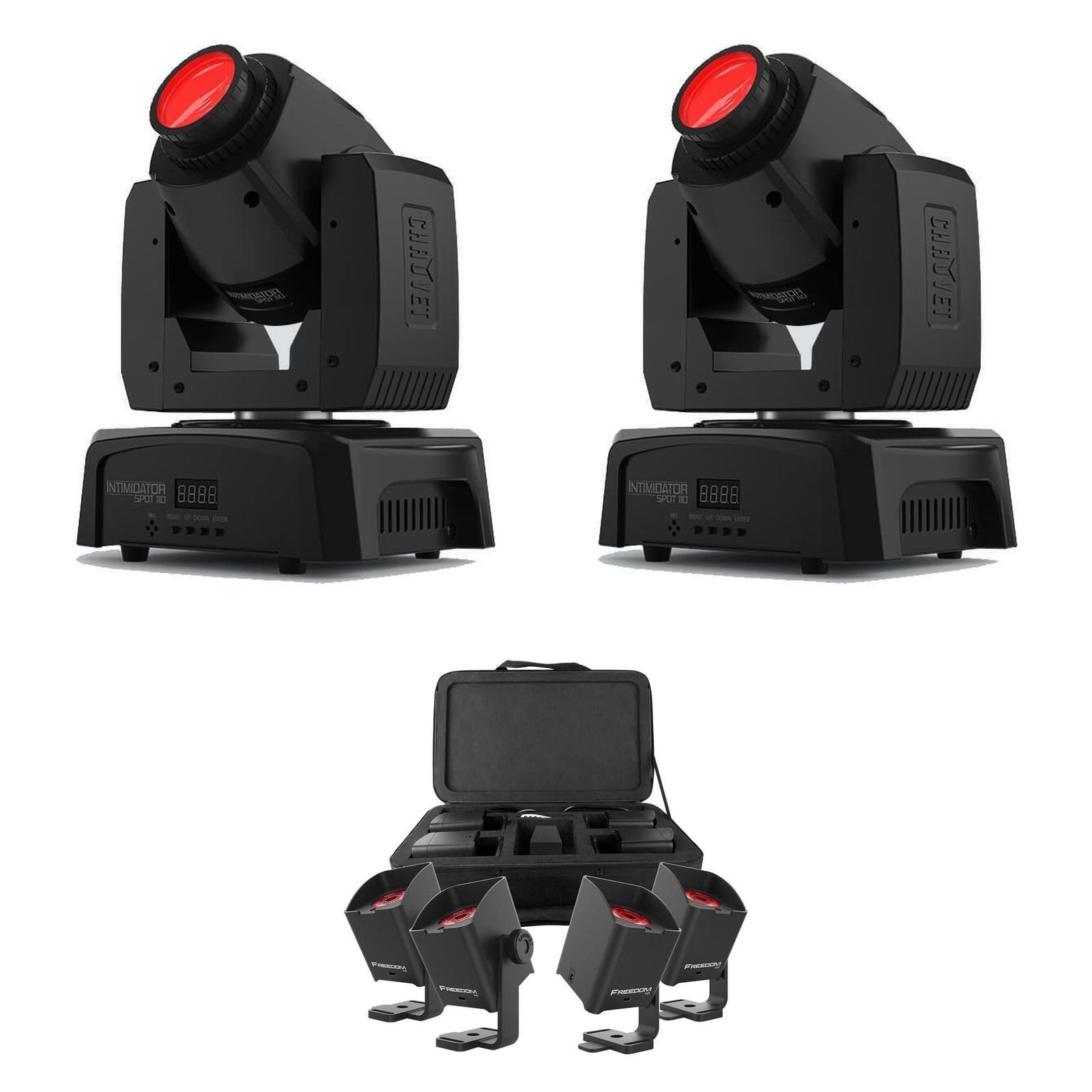 Four Chauvet Freedom H1 lights with carry bag and two Intimidator Spot 110 moving heads on white.