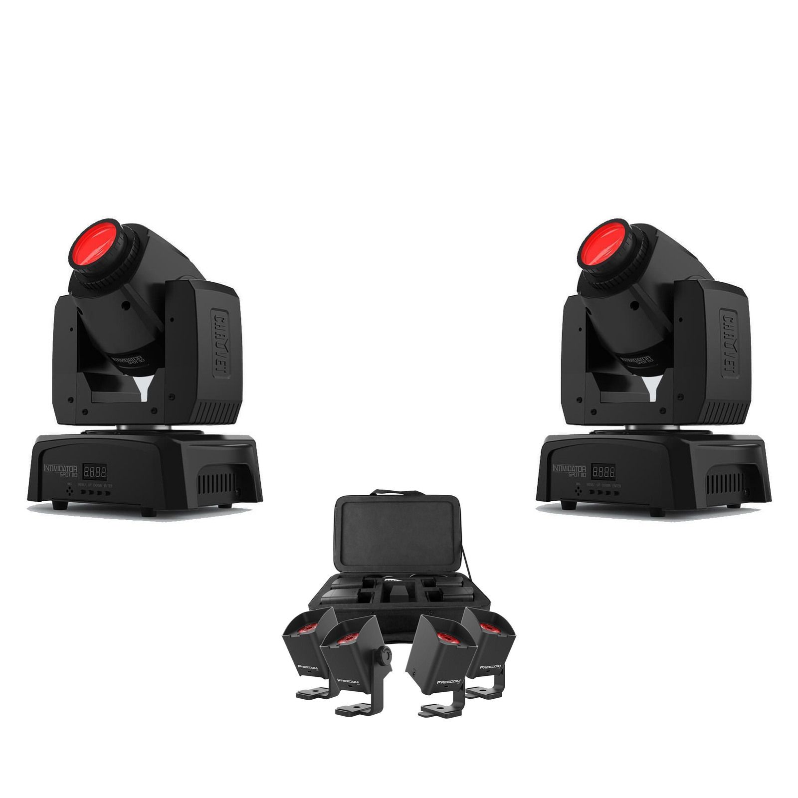 Four Chauvet Freedom H1 lights with carry bag and two Intimidator Spot 110 moving heads on white.