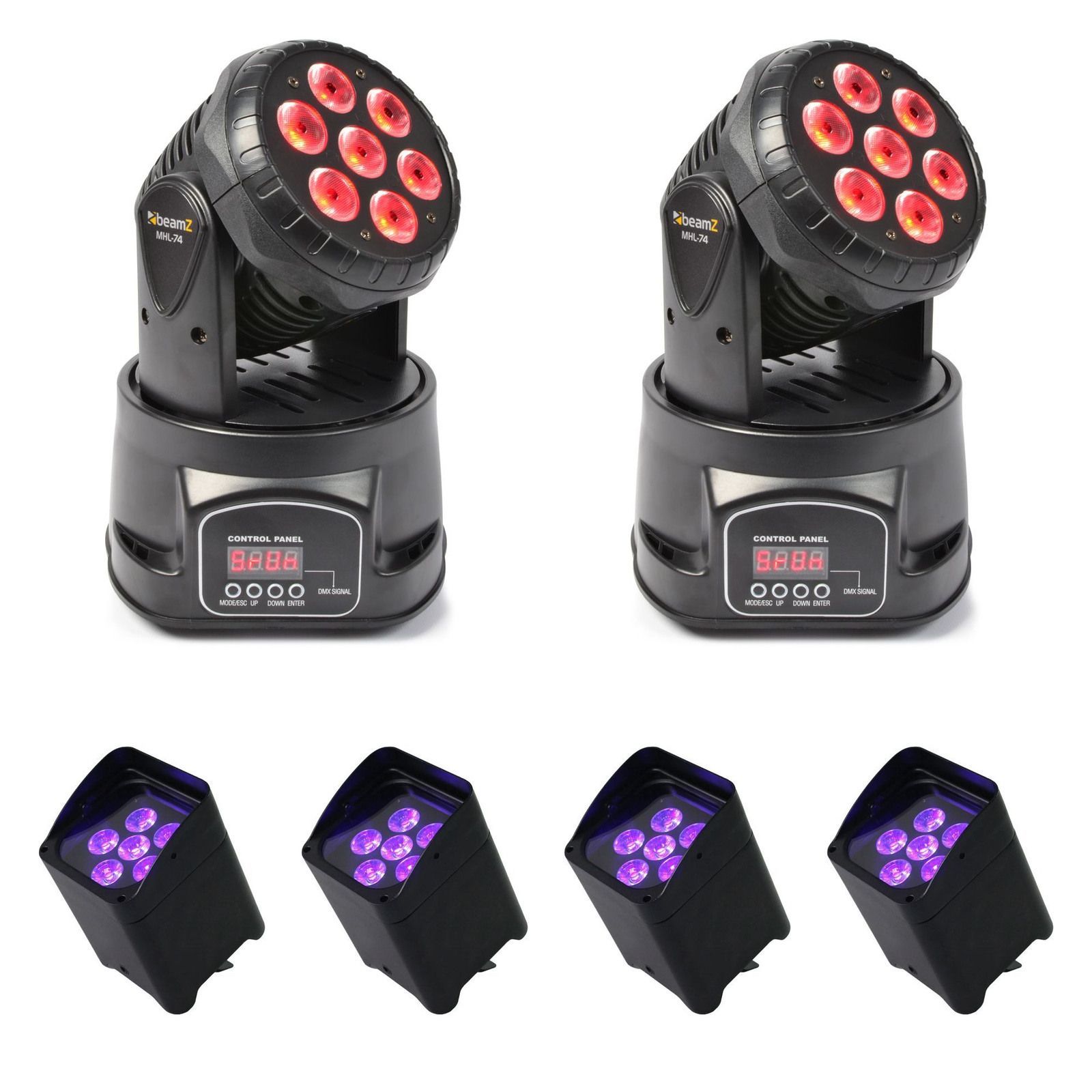 Four black wireless uplights and two Beamz MHL-74 moving-head washes on white.