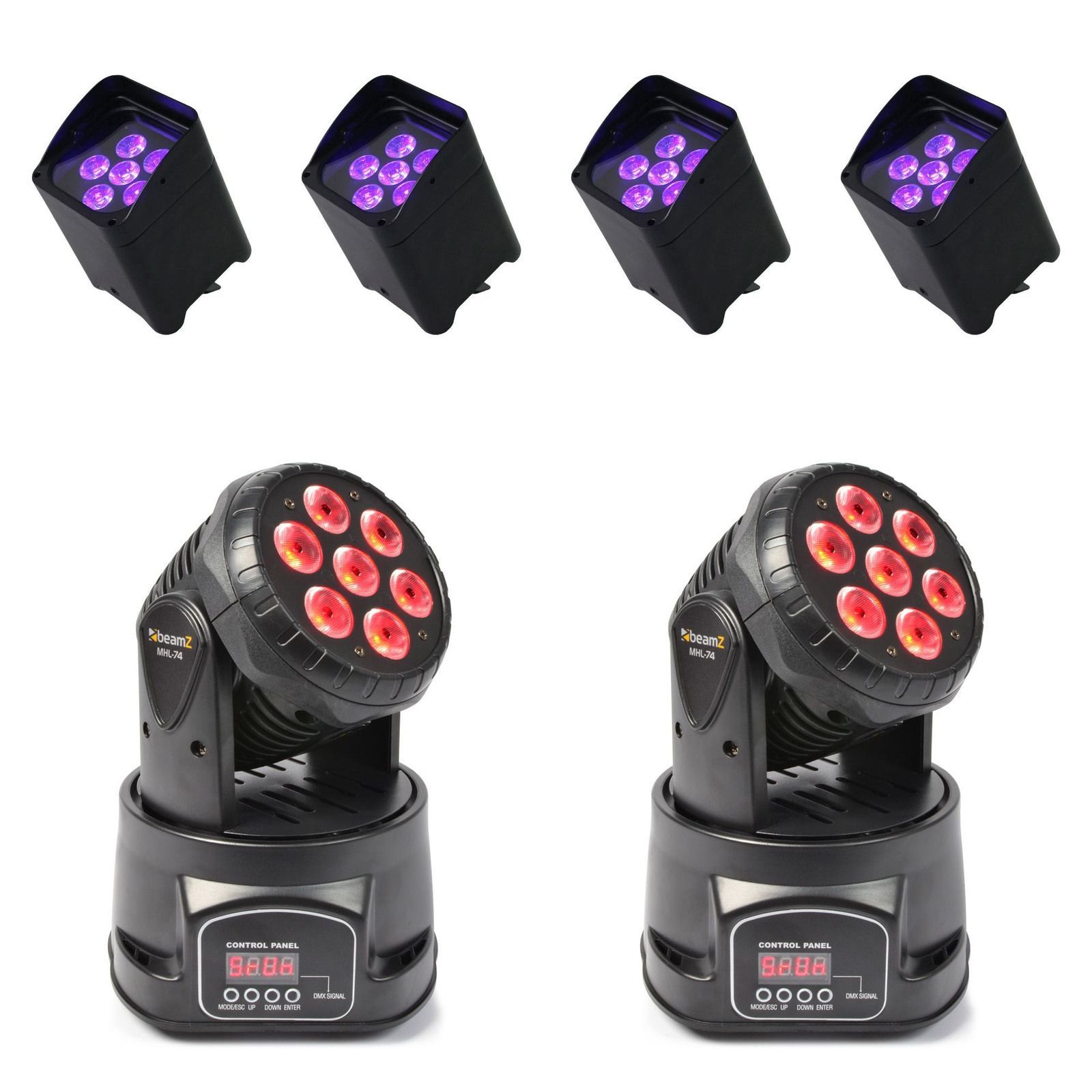 Four black wireless uplights and two Beamz MHL-74 moving-head washes on white.