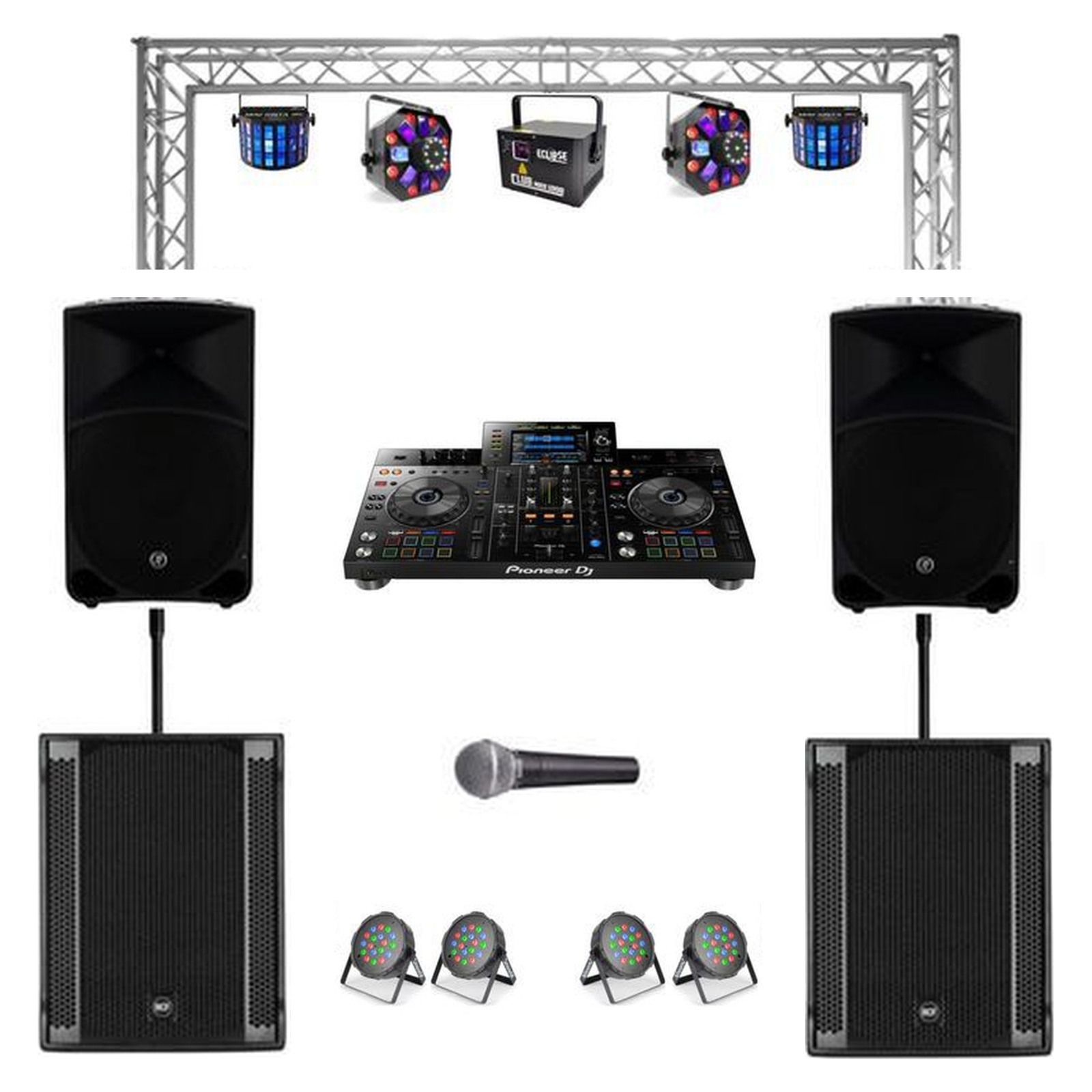 XDJ-RX, PA, Subwoofer & Truss Lighting Package - original product photographs on a clean white background