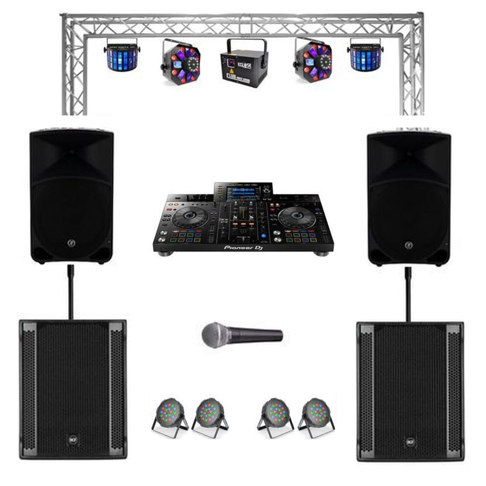 XDJ-RX, PA, Subwoofer & Truss Lighting Package, original equipment stock-photo package layout on white