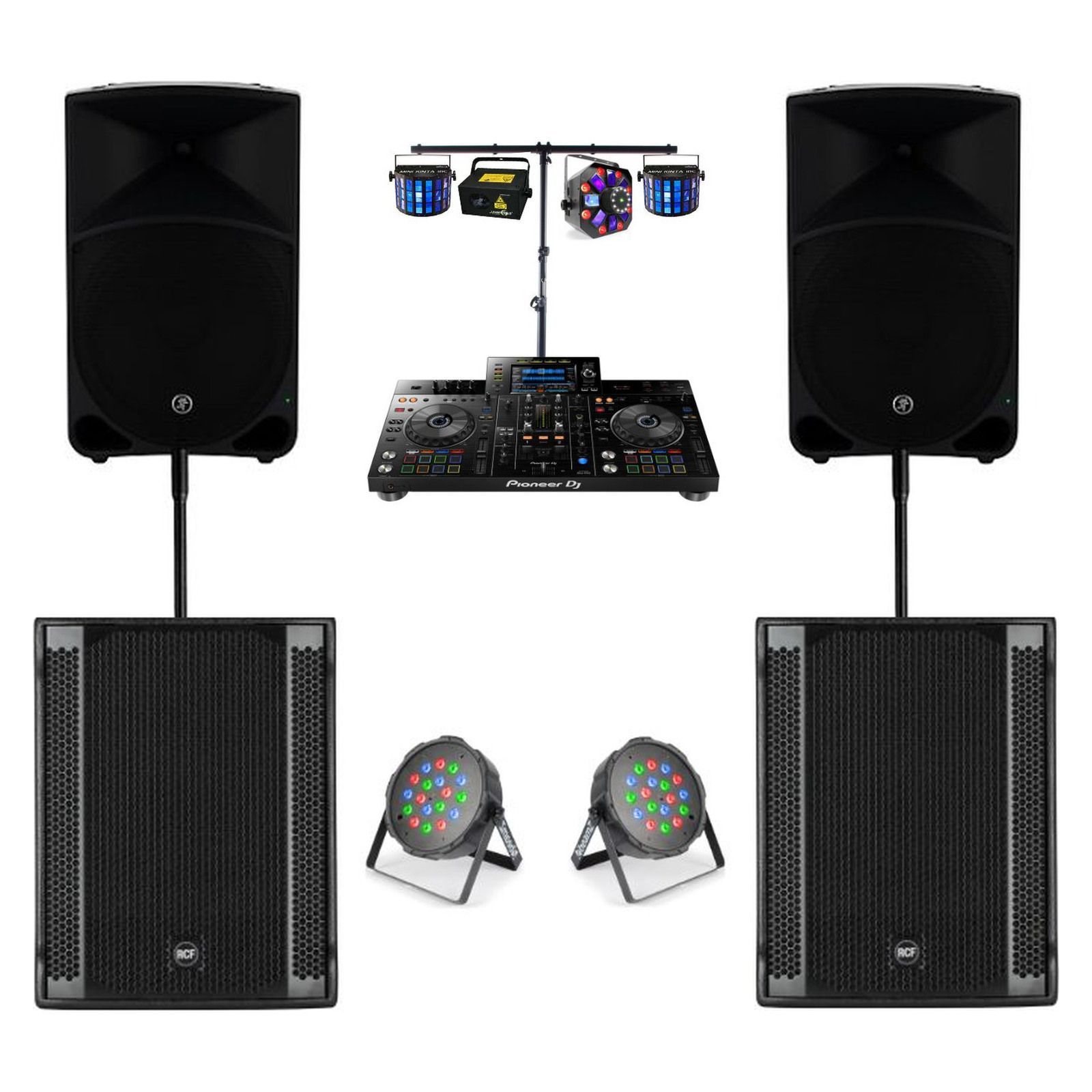 XDJ-RX2, PA, Subwoofer & Lighting Package - original product photographs on a clean white background