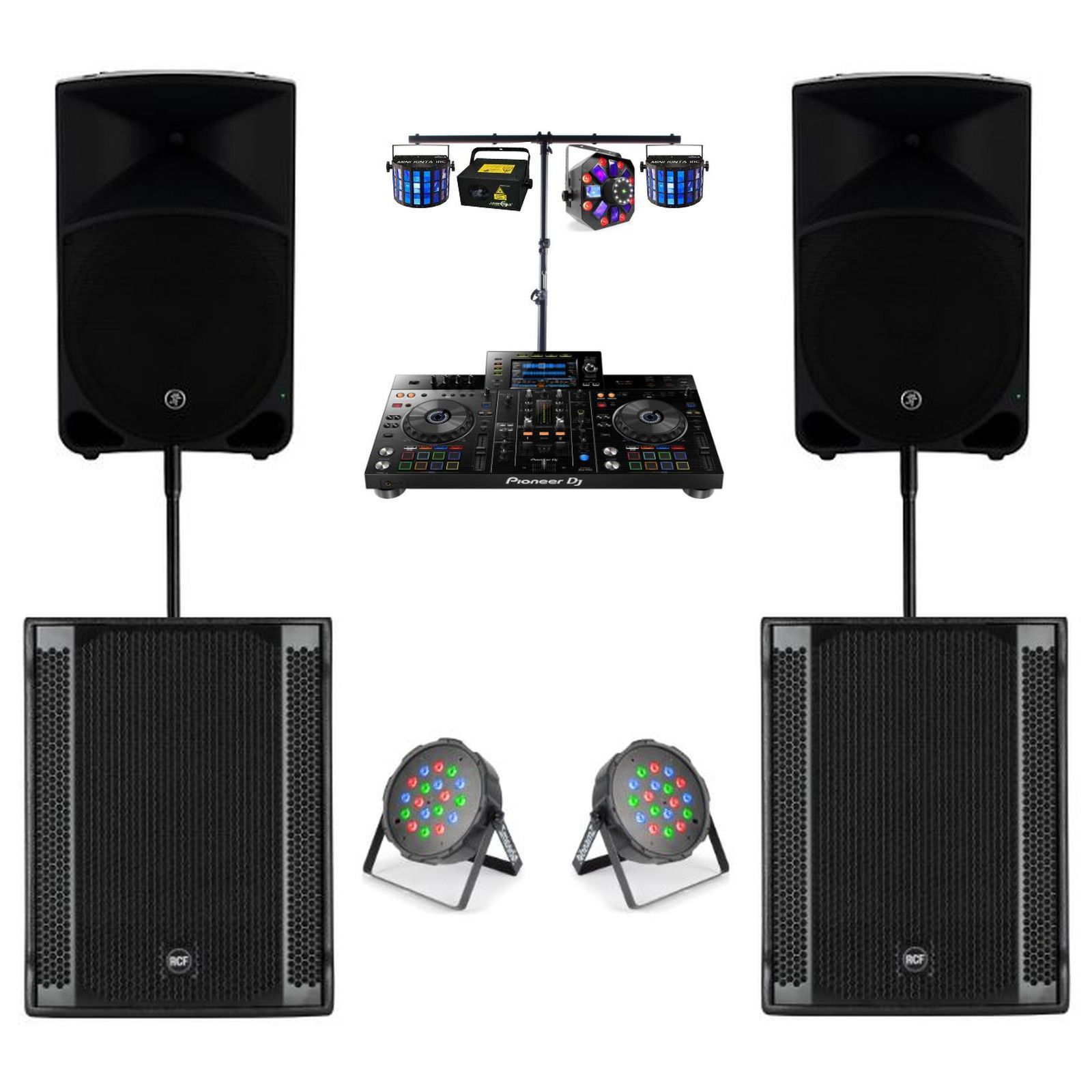XDJ-RX2, PA, Subwoofer & Lighting Package, original equipment stock-photo package layout on white