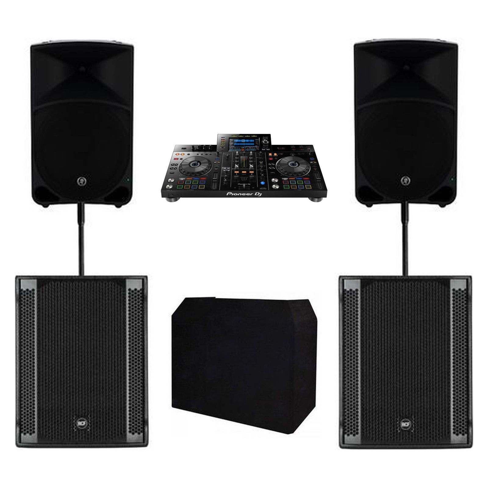 XDJ-RX2, Speakers, Subwoofers & DJ Booth Package - original product photographs on a clean white background