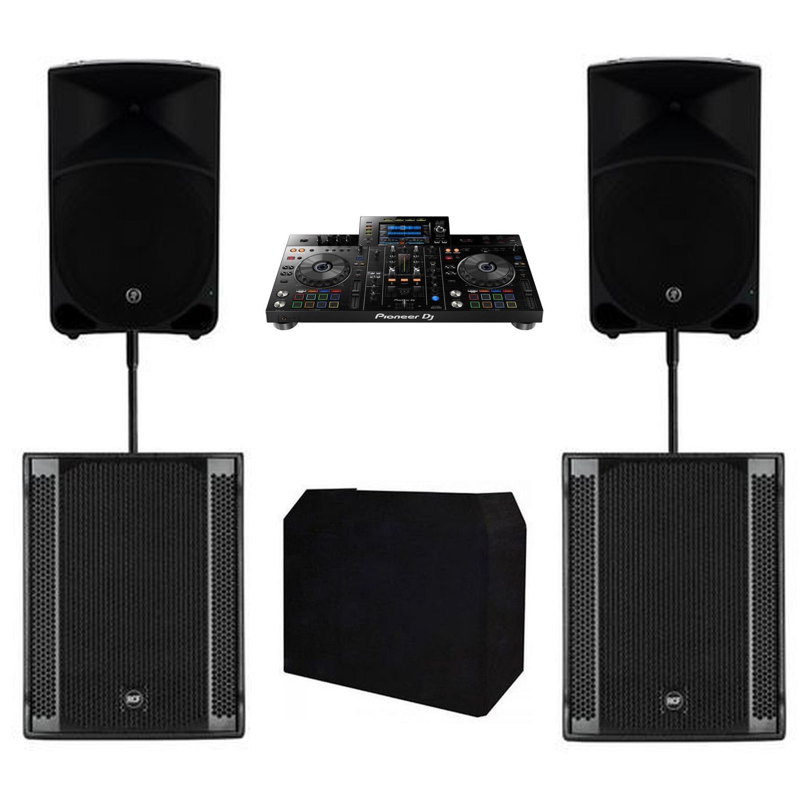 XDJ-RX2, Speakers, Subwoofers & DJ Booth Package, original equipment stock-photo package layout on white