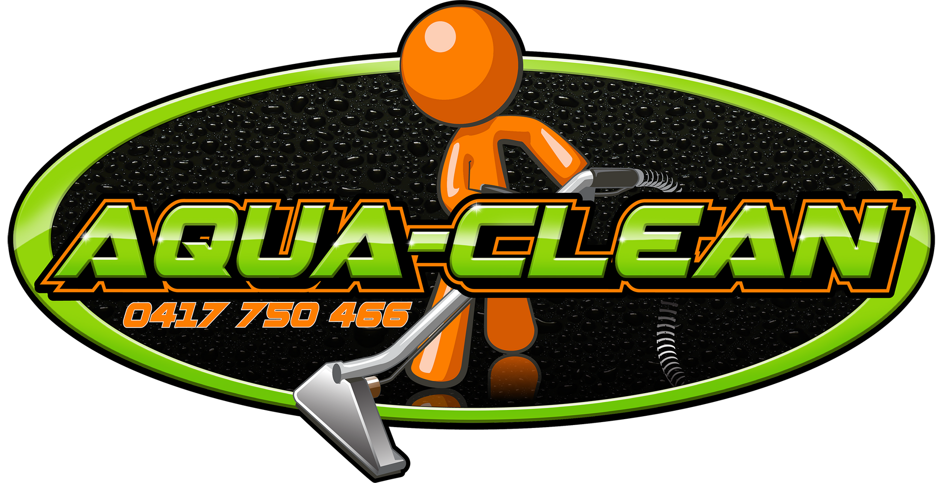 Logo for Aqua-Clean showing an orange stick figure using a carpet cleaner with the phone number 0417 730 466.