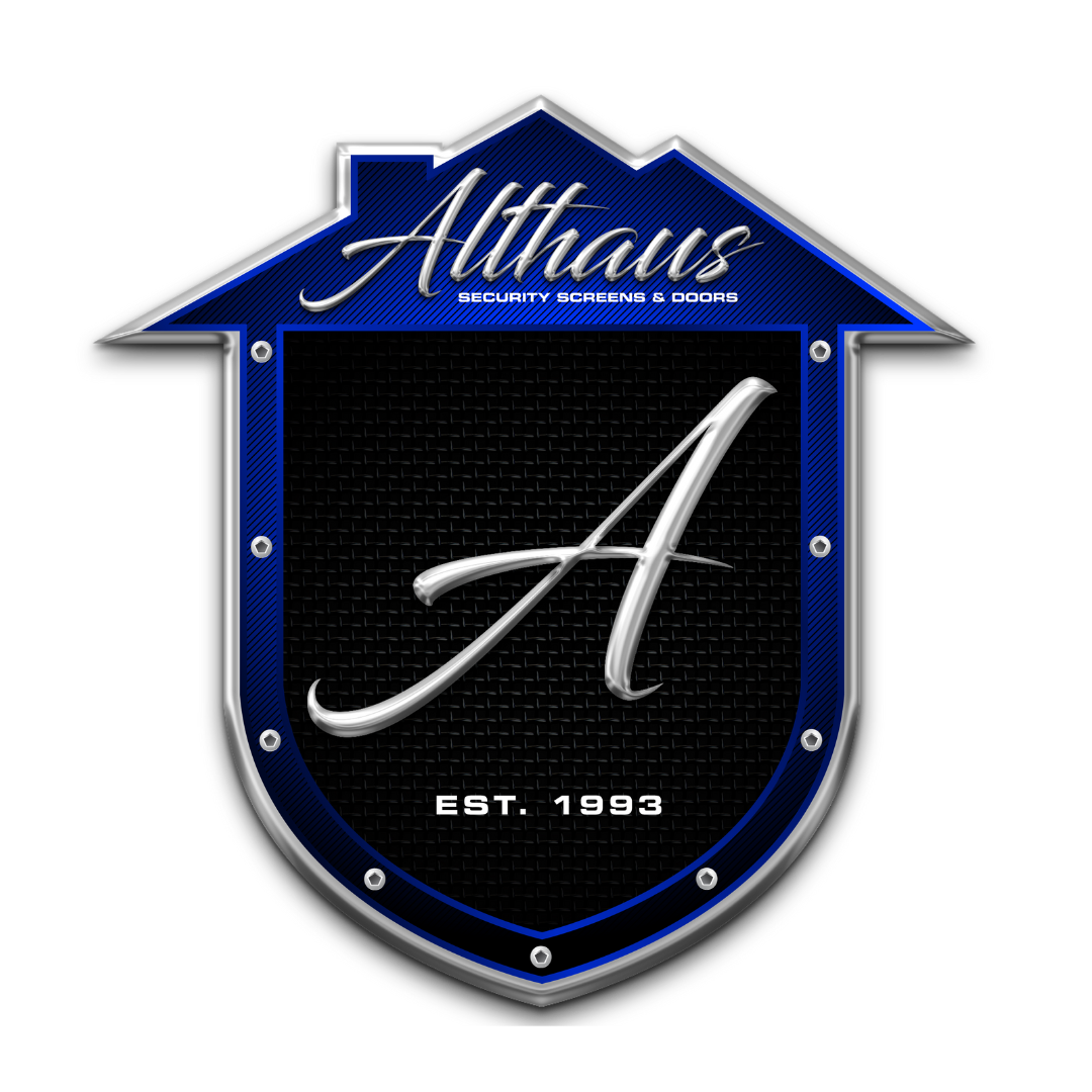 Logo for Althaus Security Screens & Doors, featuring a white cursive