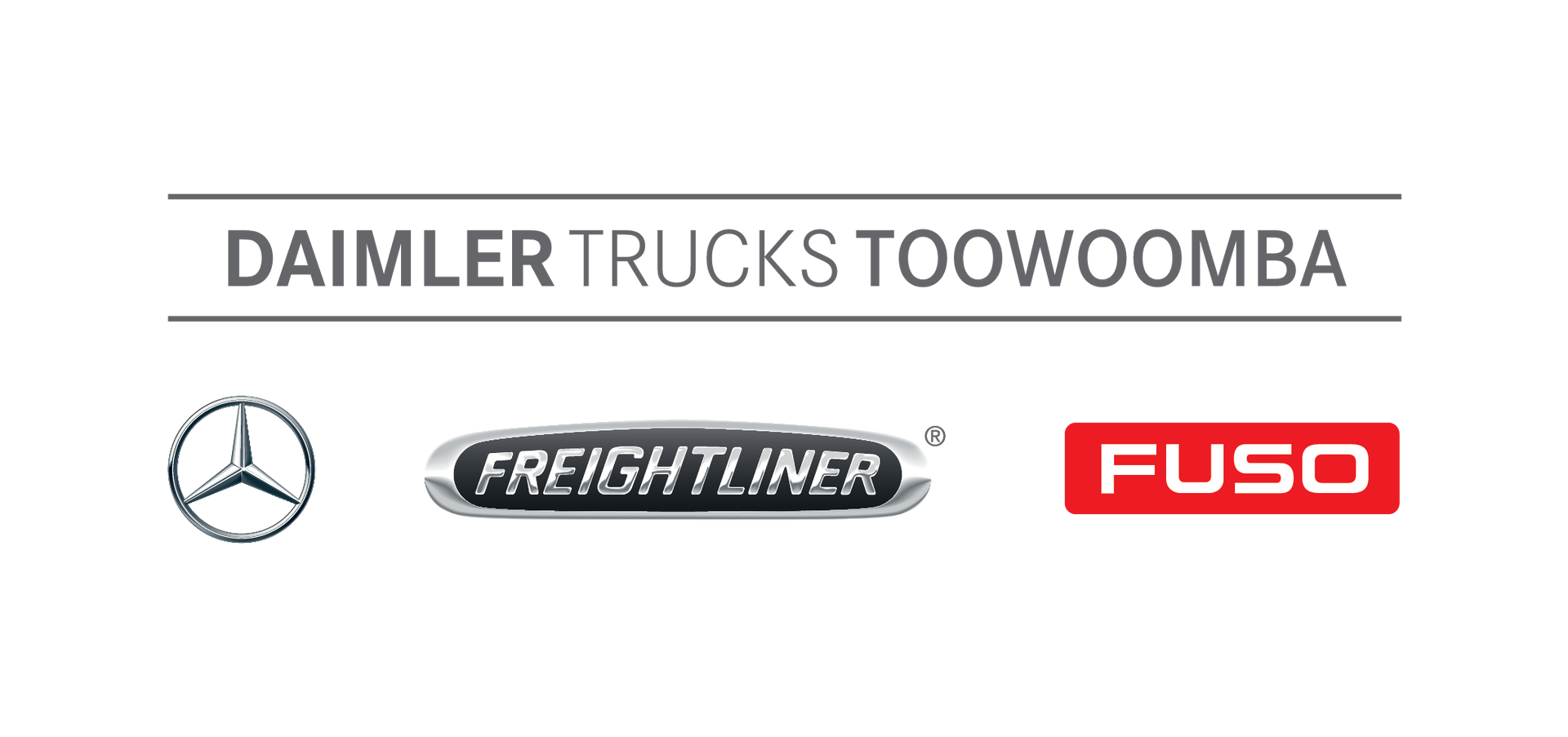 Logo for Daimler Trucks Toowoomba, featuring the Mercedes-Benz, Freightliner, and Fuso brand logos.