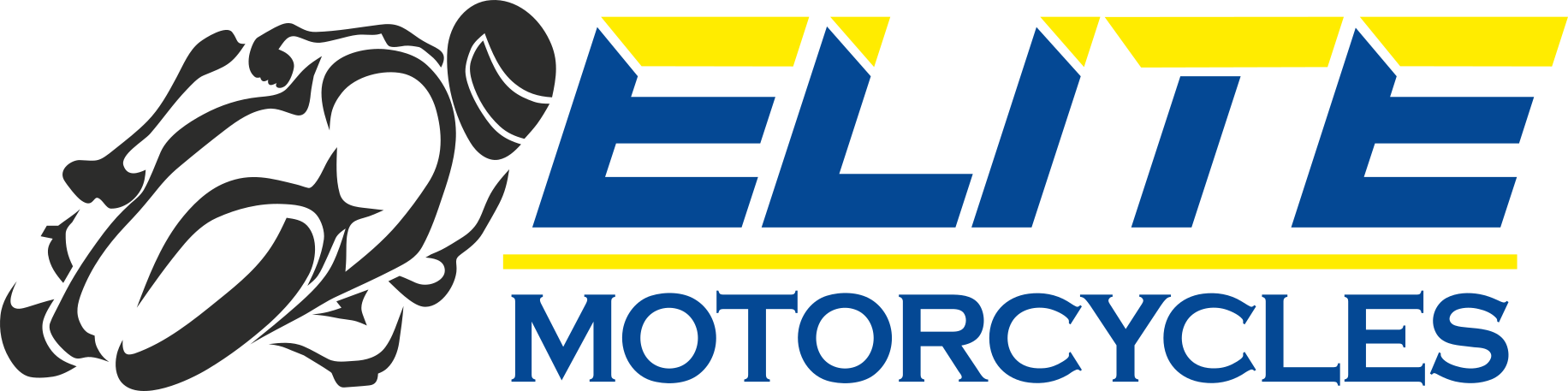 Logo for Elite Motorcycles featuring a black-and-white graphic of a motorcycle rider and blue text with yellow accents.