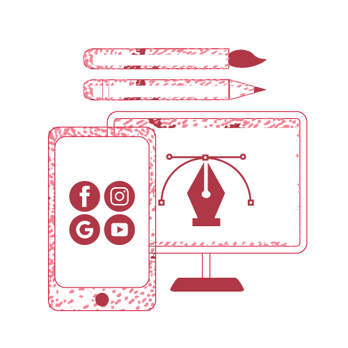 pens, phone and computer monitor icon