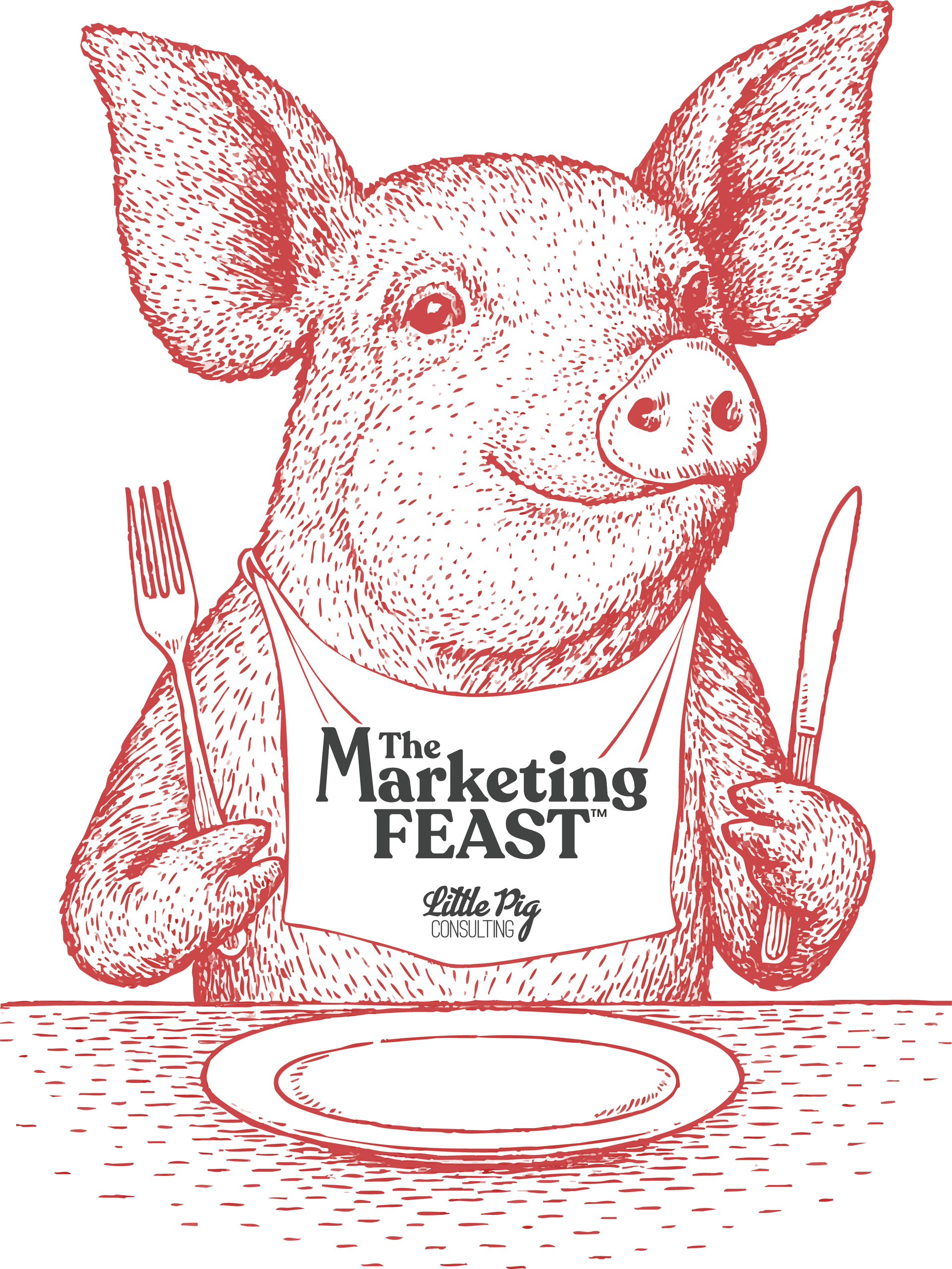 A red line-drawing of a pig wearing a bib labeled 