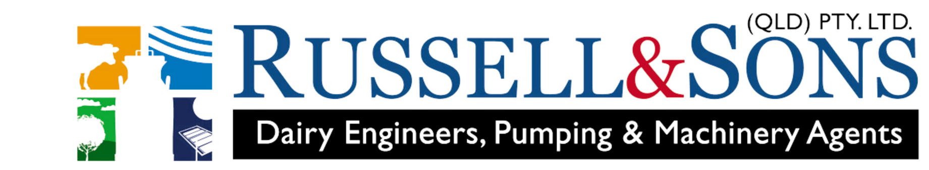 Logo for Russell & Sons (QLD) Pty Ltd, Dairy Engineers, Pumping & Machinery Agents, with a multi-colored abstract graphic.