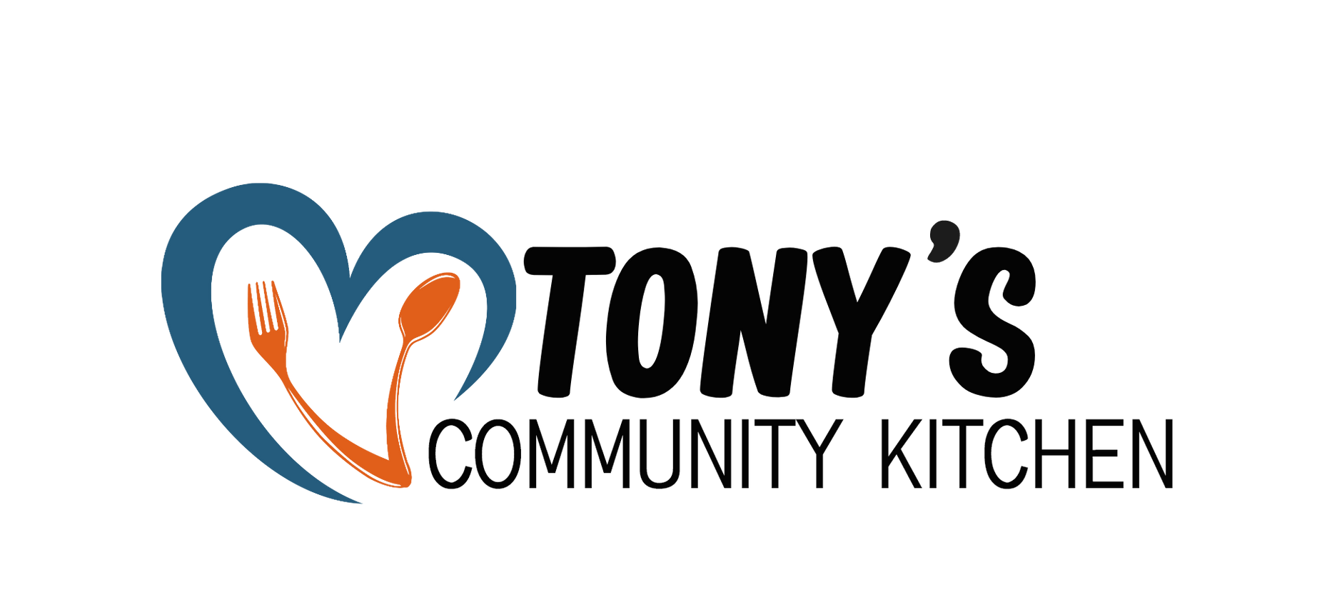 Logo for Tony's Community Kitchen featuring a blue heart shape containing a fork and spoon in orange.