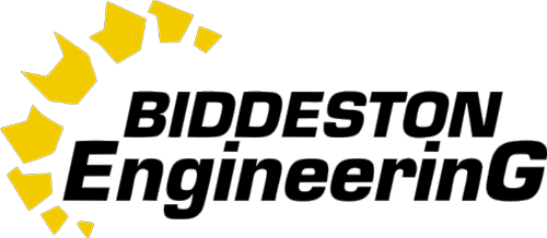 Logo for Biddeston Engineering with the company name in black text next to a yellow, circular abstract icon.