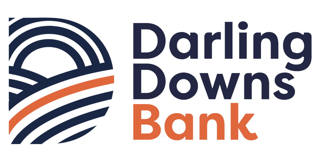 Logo for Darling Downs Bank, featuring a circular abstract graphic of rolling hills in dark blue and orange.