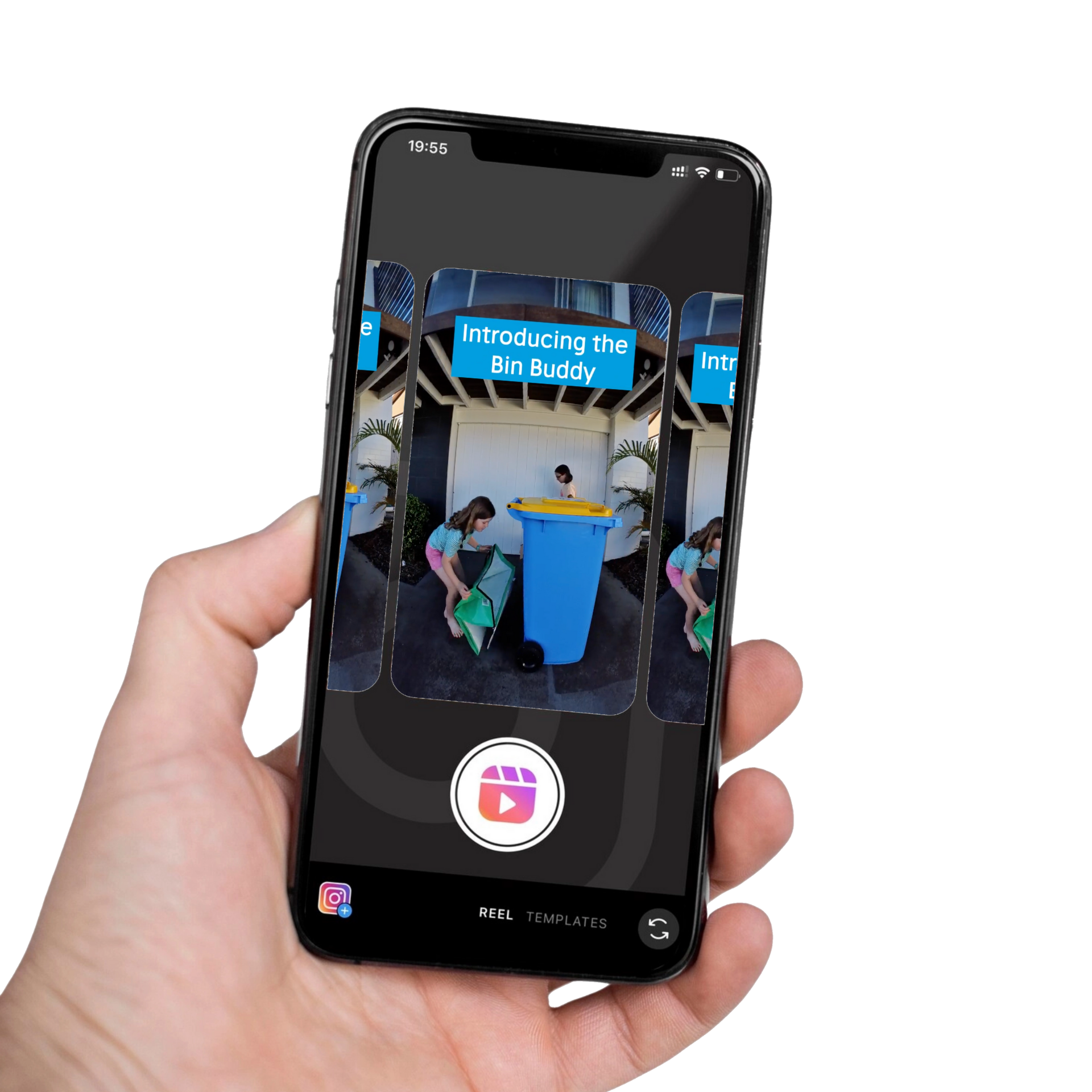A hand holds a smartphone displaying an Instagram Reel promoting the