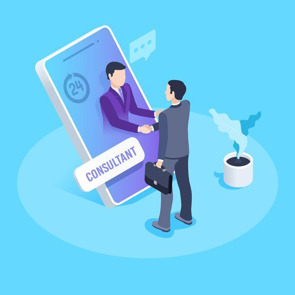 A man is shaking hands with a consultant on a cell phone.
