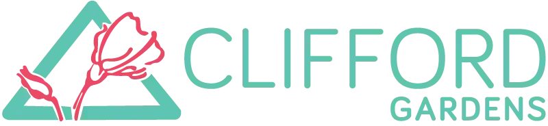 The logo for Clifford Gardens, featuring a teal triangle frame with a pink flower illustration and teal text.