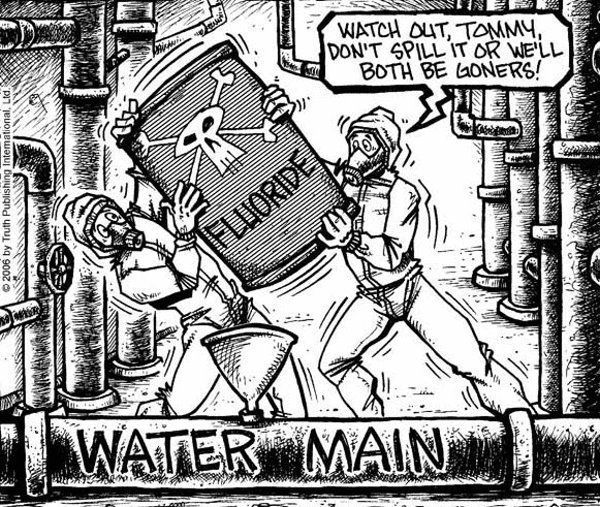 A black and white cartoon of a man holding a barrel of fluoride
