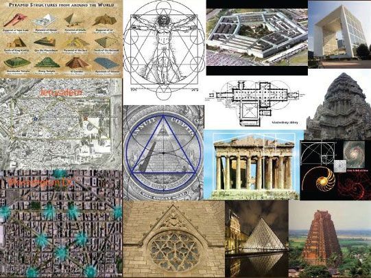 A collage of ancient buildings including a pyramid