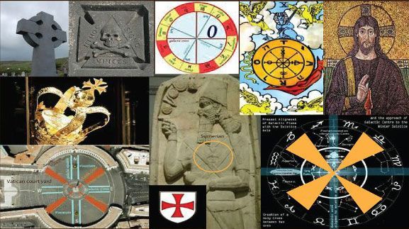 A collage of various religious symbols including a cross