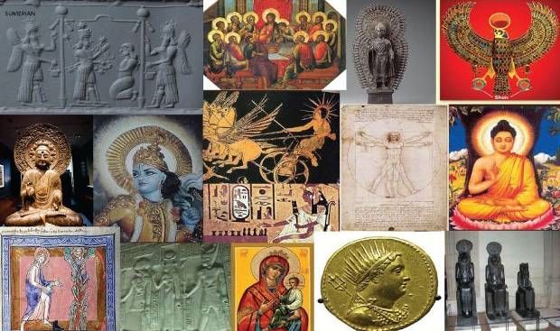 A collage of various religious icons and statues