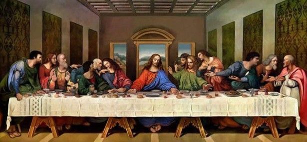 The last supper is a painting of jesus and his apostles sitting at a long table.