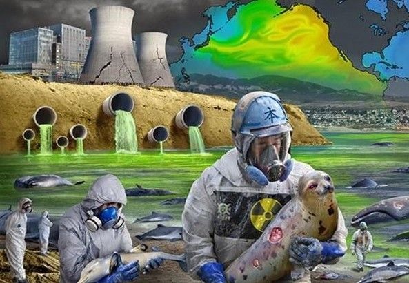 A man in a gas mask is holding a seal in front of a nuclear power plant.