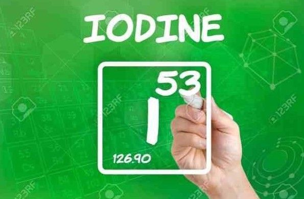 A person is writing the chemical element iodine on a green chalkboard.
