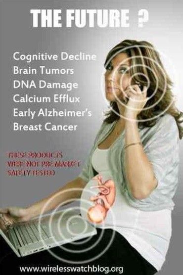 A poster of a pregnant woman talking on a cell phone