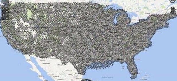 A map of the united states with a lot of dots on it