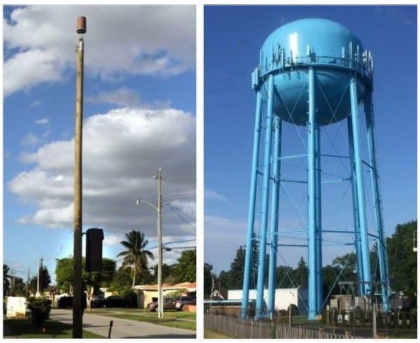 A blue water tower is next to a pole
