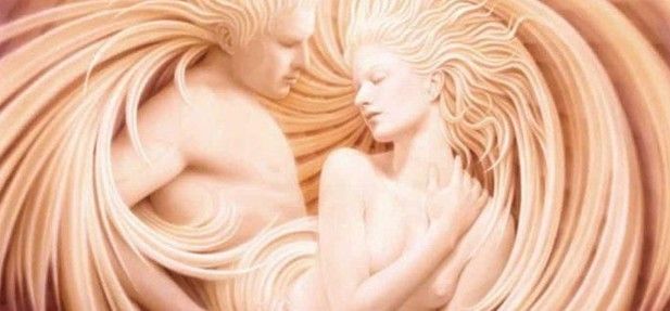 A man and a woman are hugging each other in a painting.