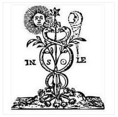 A black and white drawing of a caduceus with a sun and moon on it.