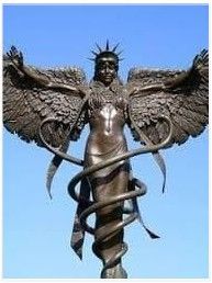 A statue of a woman with wings holding a caduceus.