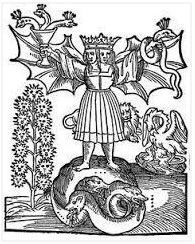 A black and white drawing of a man standing on top of a dragon.