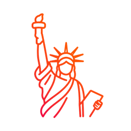 Orange line art of the Statue of Liberty holding a torch and tablet
