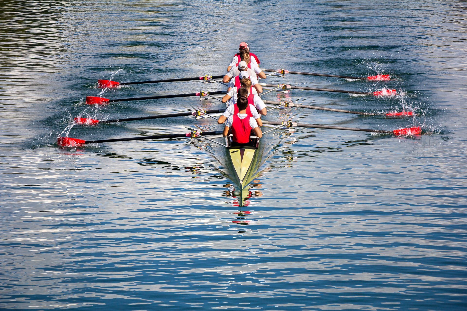 A group of people are rowing a boat on a lake.