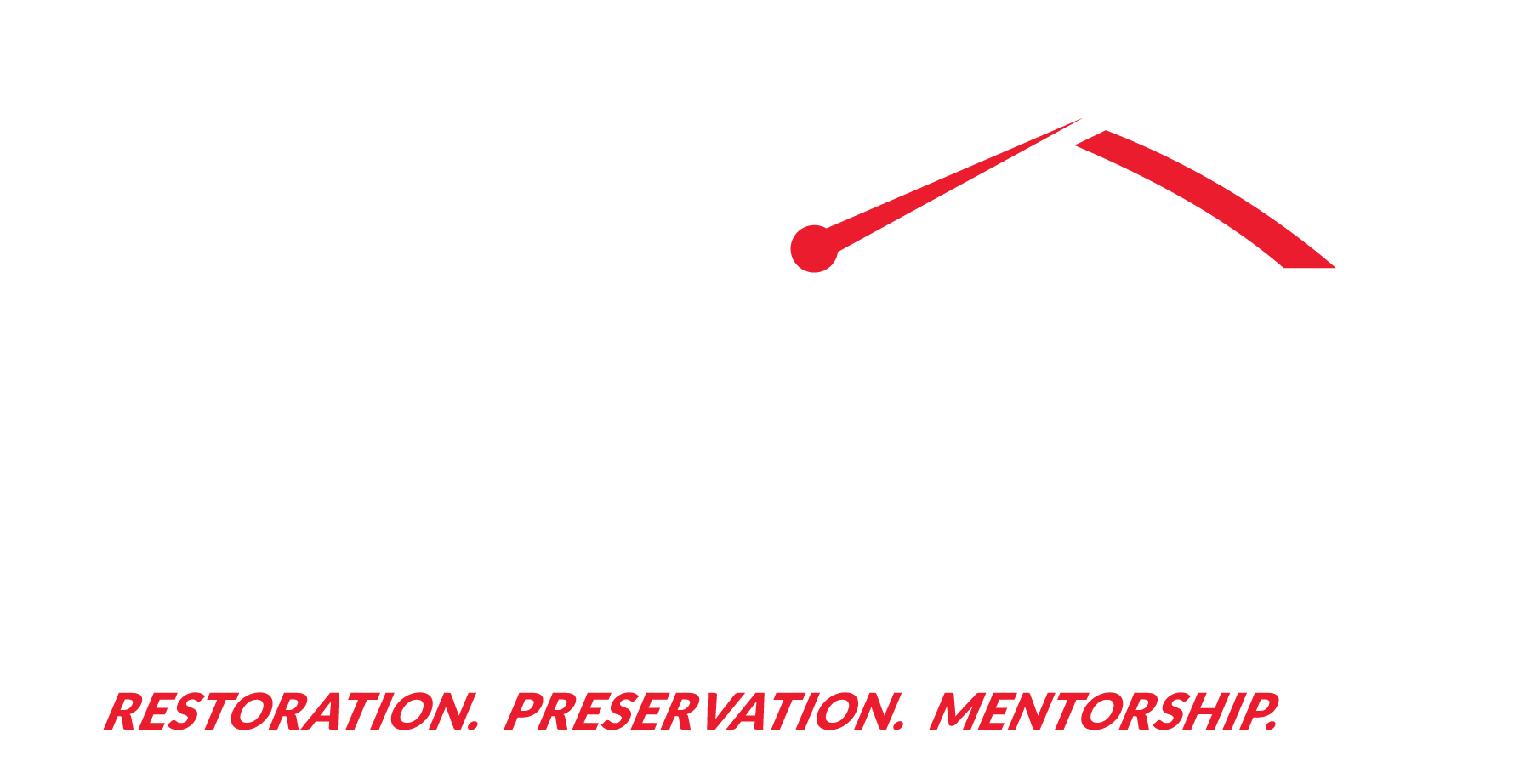 Red arched graphic above the words