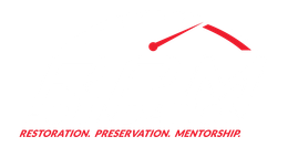 Red arched graphic above the words