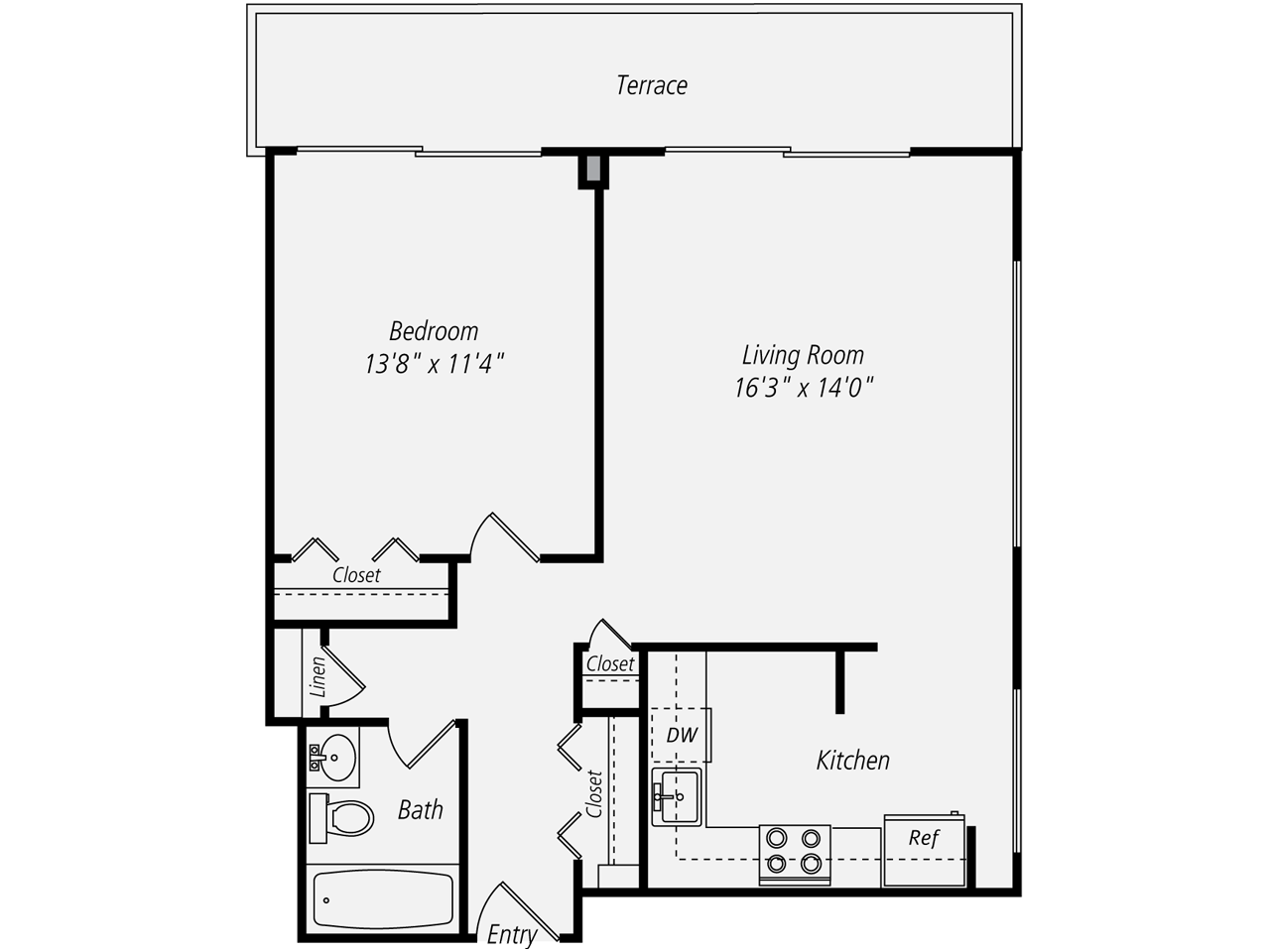 Floor plan of an apartment with a bedroom, living room, kitchen, bathroom, and terrace.