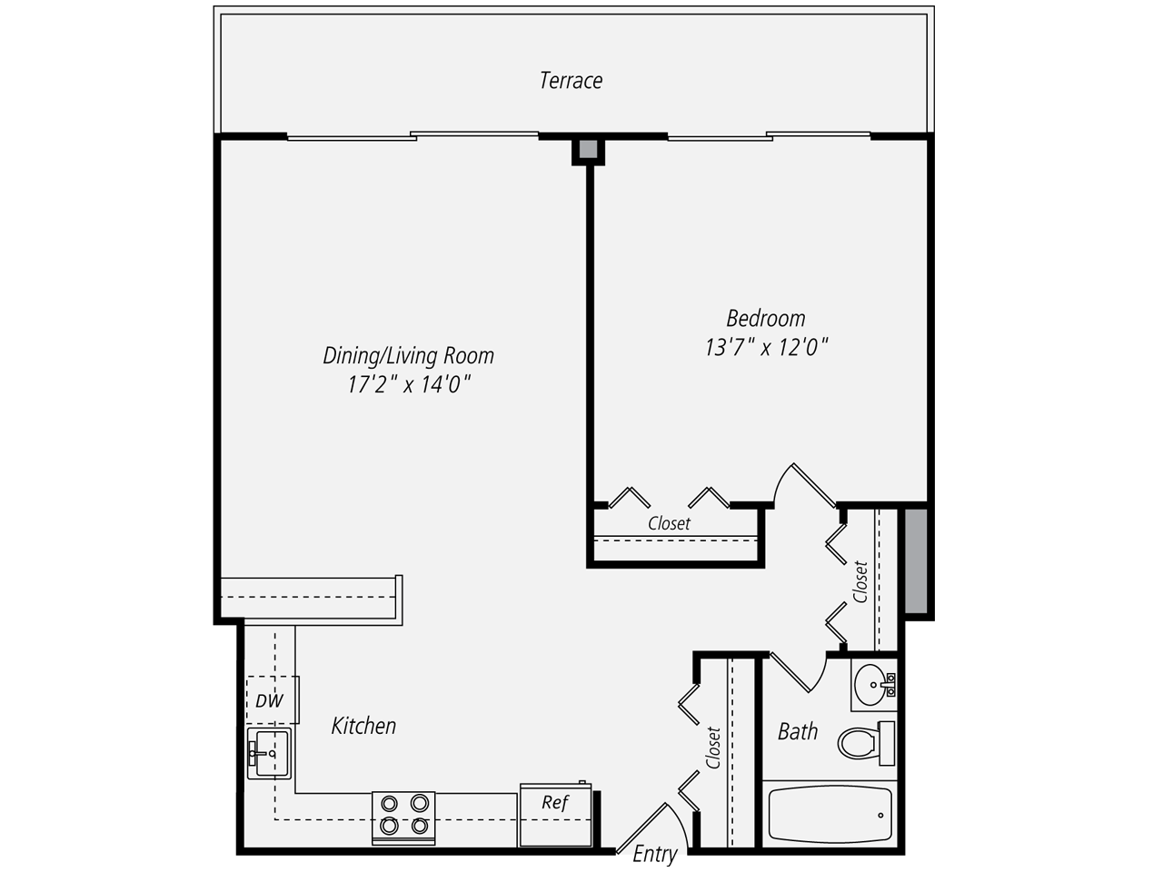 Floor plan of an apartment with a kitchen, living area, bedroom, bathroom, and terrace.