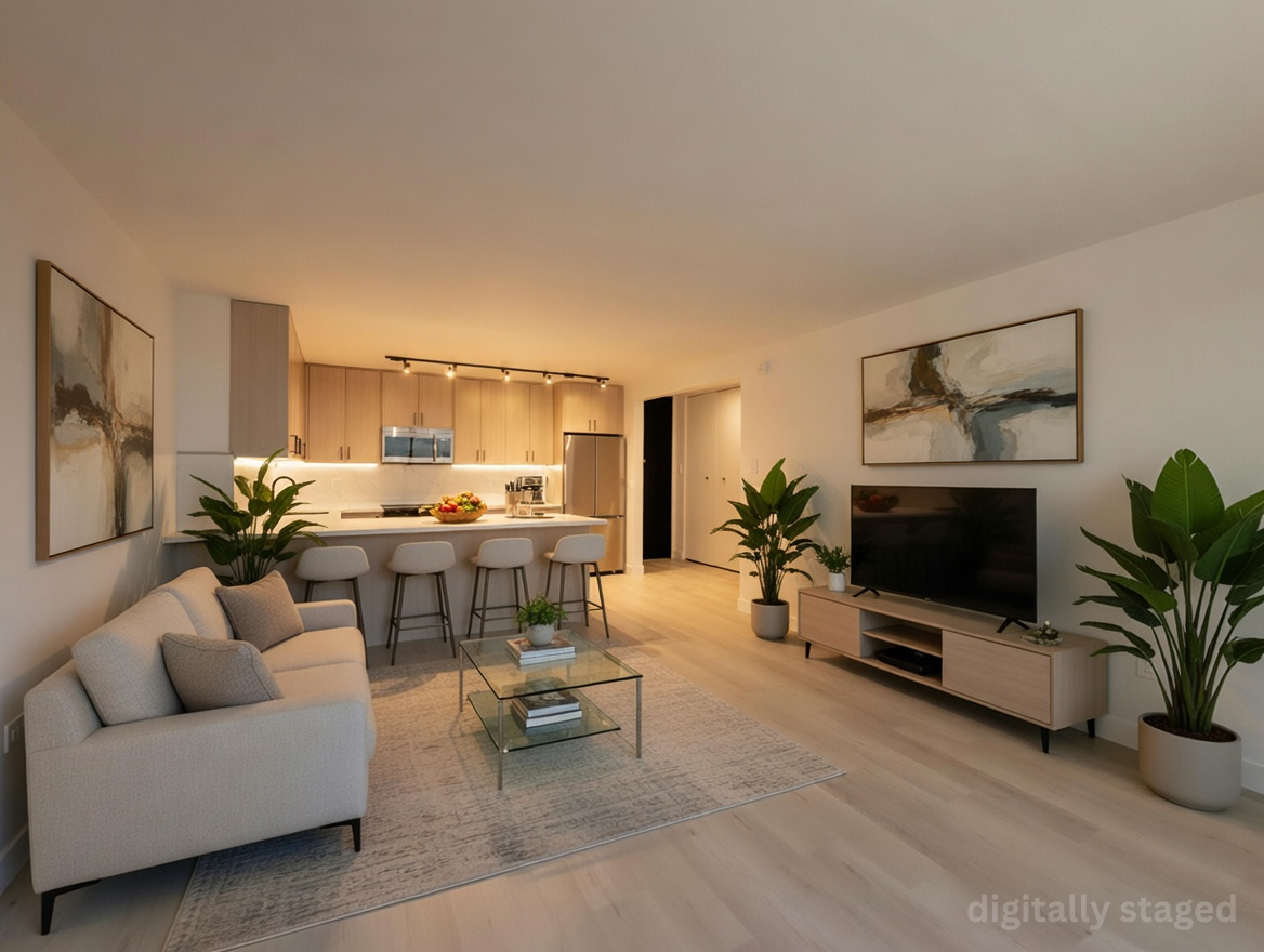 sunset towers staged living room and kitchen