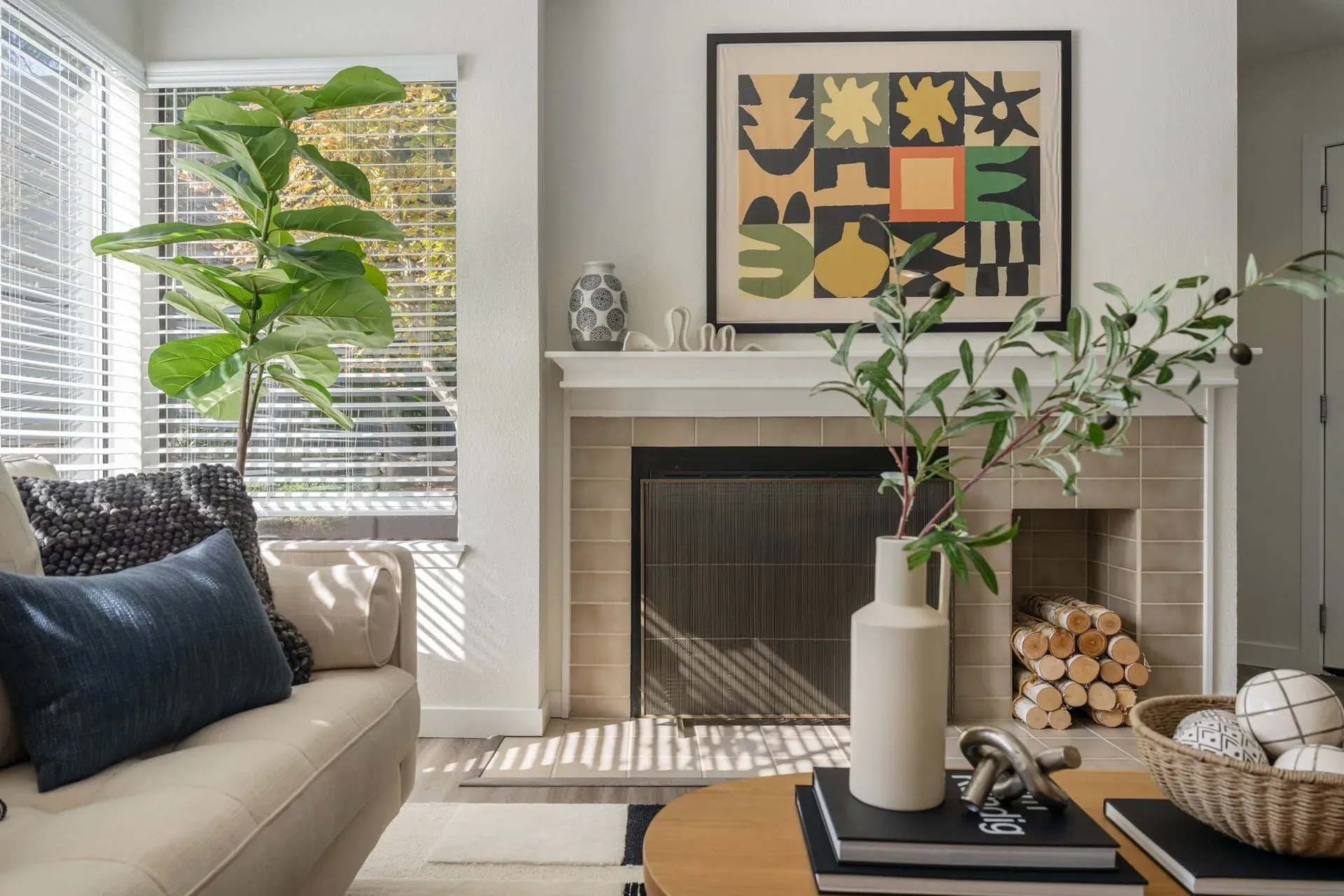 A living room with a fireplace and a couch.