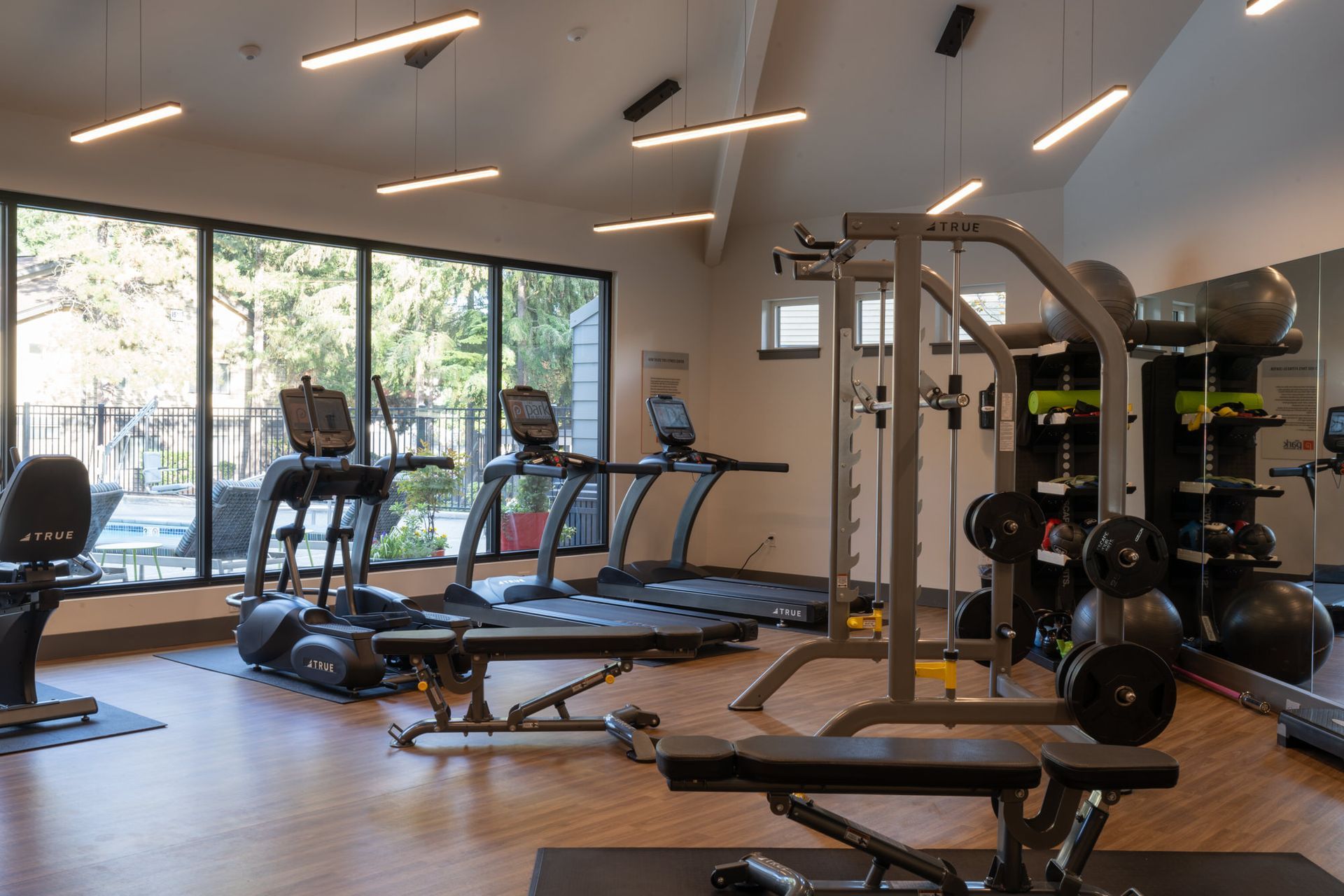 Park Bellevue apartment community gym interior with cardio machines, weight bench, and strength training equipment near a window.