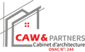 le logo du cabinet d' architecture caw & partners avec un chapeau de père noël
