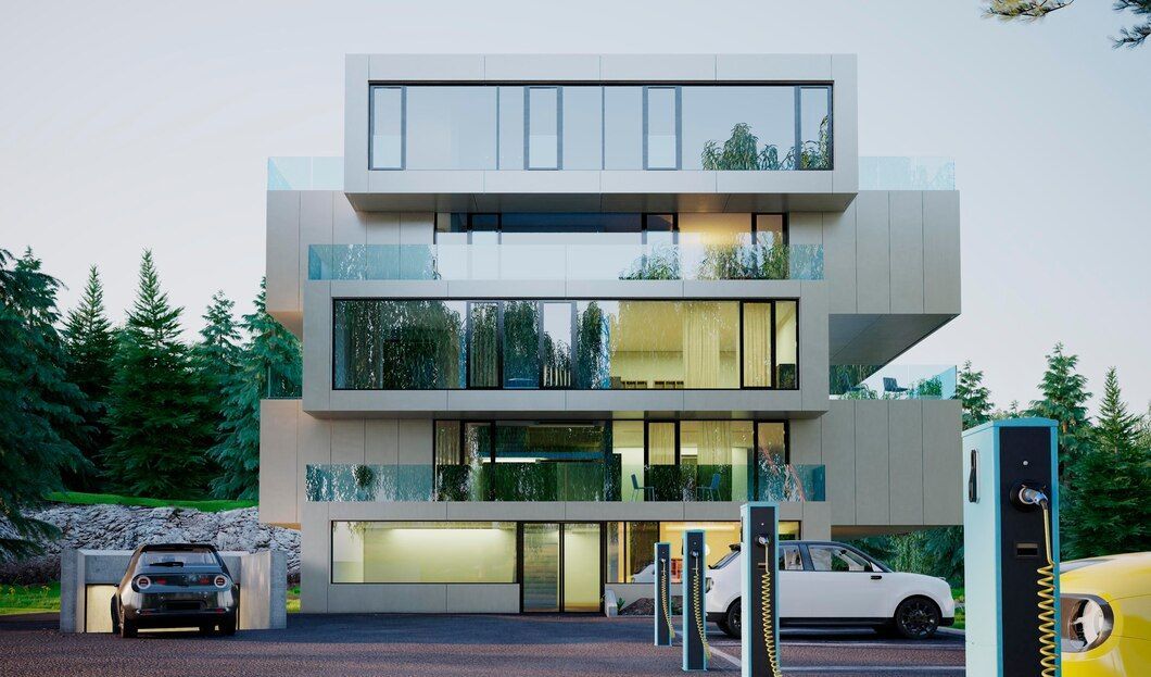 Un bâtiment moderne avec beaucoup de fenêtres et des voitures garées devant.