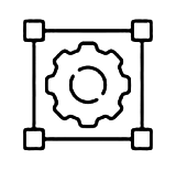 Un engrenage à l'intérieur d'un carré avec des poignées aux coins, représentant des réglages ou une configuration.